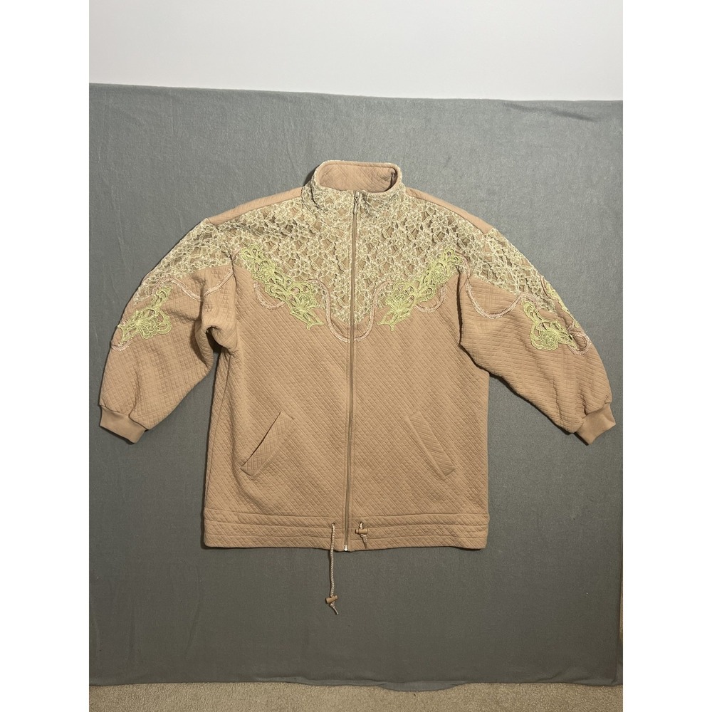 Rafael Women's Size M Quilted Activewear Jacket Beige Lace Embroidered Full Zip